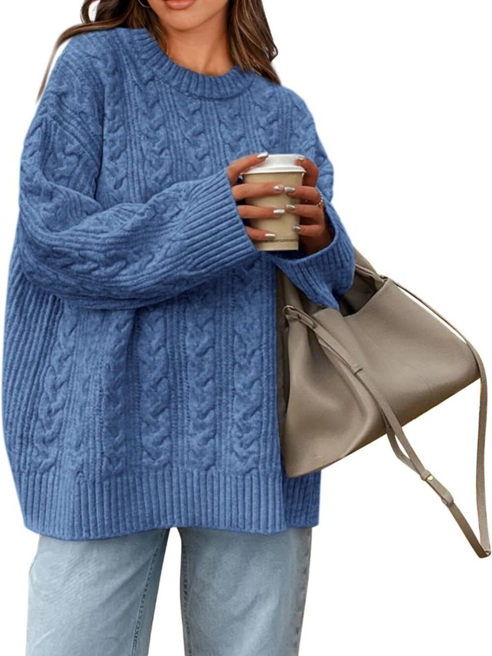 Cozy Oversized Cable Knit Crewneck Sweater for Women - Perfect Fall Layering!